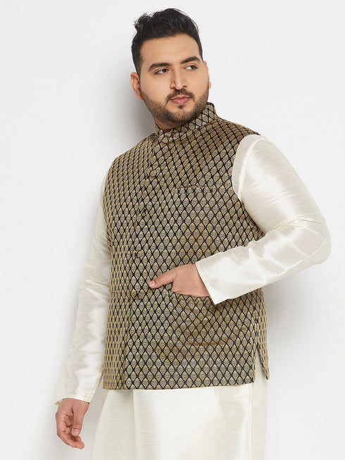 Vastramay Men's Plus Size Black and Gold Jacquard Nehru Jacket